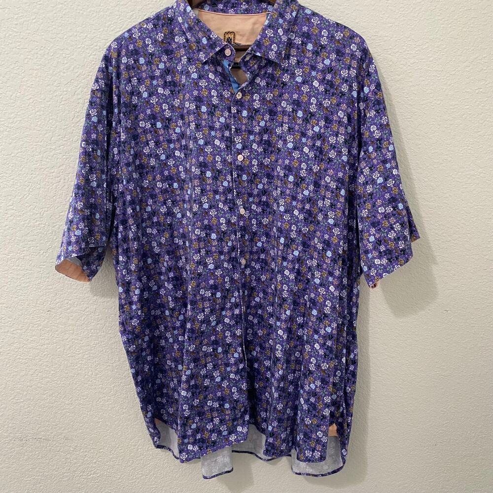 Luchiano Visconti Purple Floral Button Up Shirt Short Sleeve 3XL